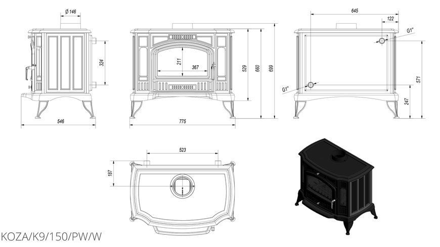 Cast iron stove-fireplace Kratki KOZA K9 PW &Oslash; 150 KOZA/K9/150/PW/W фото