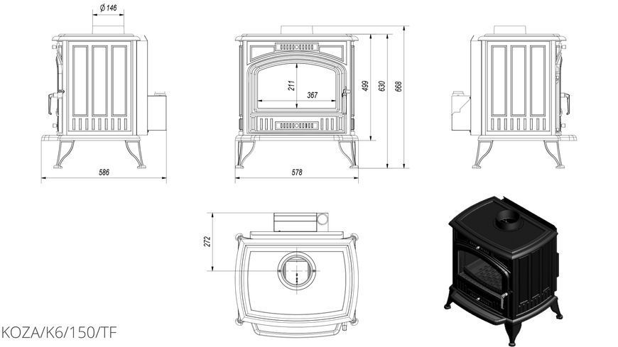 Чугунная печь-камин Kratki KOZA K6 &Oslash; 150 TURBOFAN KOZA/K6/150/TF фото