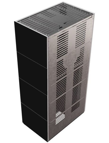 Камин Kratki FLOKI BOX 8 kW &Oslash; 160 в облицовке из керамогранита NERO ASSOLUTO