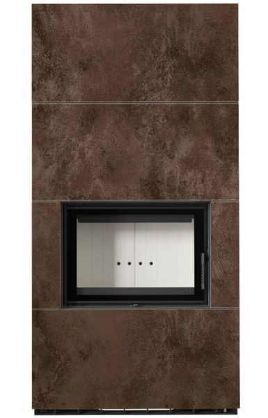Камин Kratki FLOKI BOX 8 kW &Oslash; 160 в облицовке из керамогранита OXIDE MORO