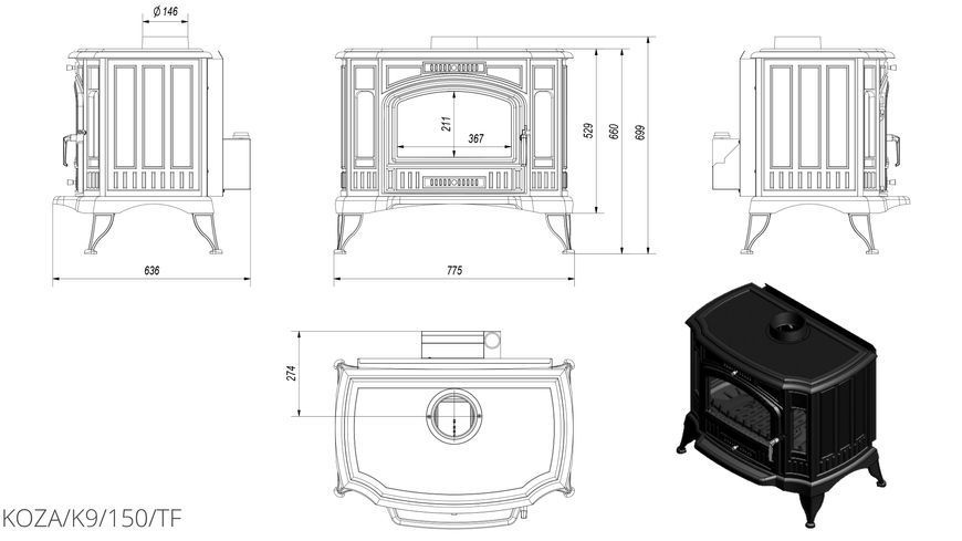 Żeliwny piec-kominek Kratki KOZA K9 &Oslash; 150 TURBOFAN KOZA/K9/150/TF фото