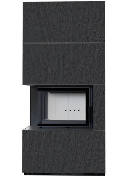 Камин Kratki FLOKI BOX левый 8 kW &Oslash; 160 в облицовке из керамогранита NATURALI ARDESIA NERO A SPACCO