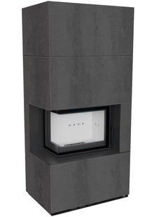 Left-side Kratki FLOKI BOX fireplace 8 kW &Oslash; 160 in cladding made of porcelain stoneware NATURALI PIETRA DI SAVOIA ANTRANCITE BOCCIARDATA