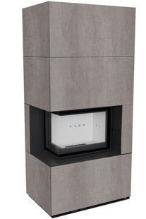 Left-side Kratki FLOKI BOX fireplace 8 kW &Oslash; 160 in cladding made of porcelain stoneware NATURALI PIETRA DI SAVOIA GRIGIA BOCCIARDATA