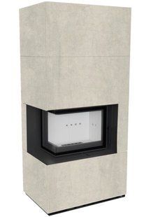 Left-side Kratki FLOKI BOX fireplace 8 kW &Oslash; 160 in cladding made of porcelain stoneware NATURALI PIETRA DI SAVOIA PERLA BOCCIARDATA