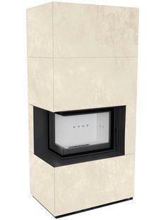 Left-side Kratki FLOKI BOX fireplace 8 kW &Oslash; 160 in cladding made of porcelain stoneware OXIDE BIANCO