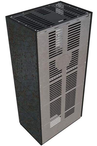 Камин Kratki FLOKI BOX левый 8 kW &Oslash; 160 в облицовке из керамогранита OXIDE NERO