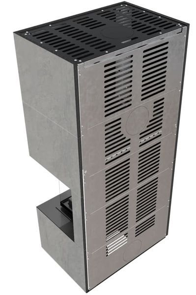 Камин Kratki FLOKI BOX правый 8 kW &Oslash; 160 в облицовке из керамогранита CEMENTO GRIGIO BOCCIARDATA