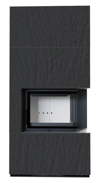 Камін Kratki FLOKI BOX правий 8 kW &Oslash; 160 в обудові з керамограніту NATURALI ARDESIA NERO A SPACCO