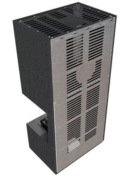 Камін Kratki FLOKI BOX правий 8 kW &Oslash; 160 в обудові з керамограніту NATURALI ARDESIA NERO A SPACCO