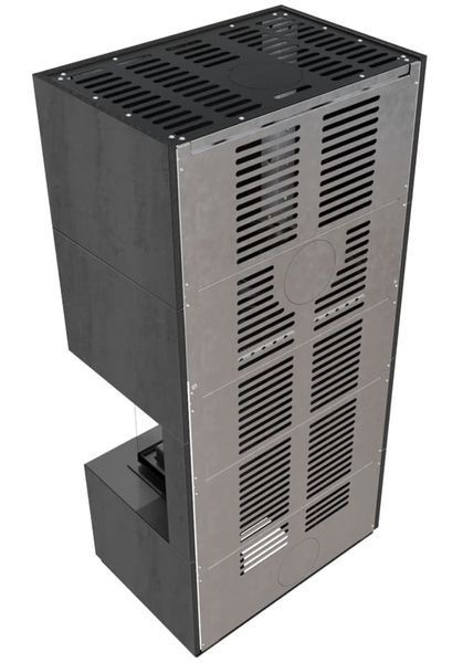 Камін Kratki FLOKI BOX правий 8 kW &Oslash; 160 в обудові з керамограніту NATURALI PIETRA DI SAVOIA ANTRANCITE BOCCIARDATA
