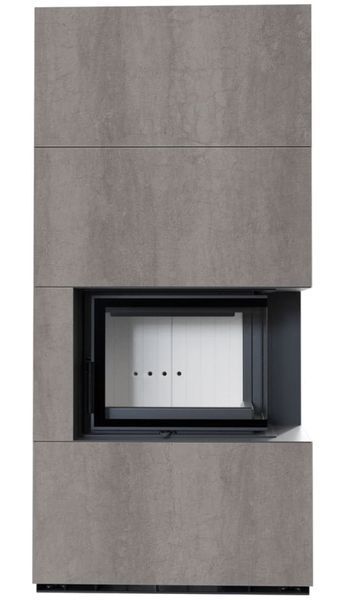 Kominek Kratki FLOKI BOX prawy 8 kW &Oslash; 160 w obudowie z gresu NATURALI PIETRA DI SAVOIA GRIGIA BOCCIARDATA