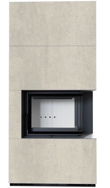 Kominek Kratki FLOKI BOX prawy 8 kW &Oslash; 160 w obudowie z gresu NATURALI PIETRA DI SAVOIA PERLA BOCCIARDATA