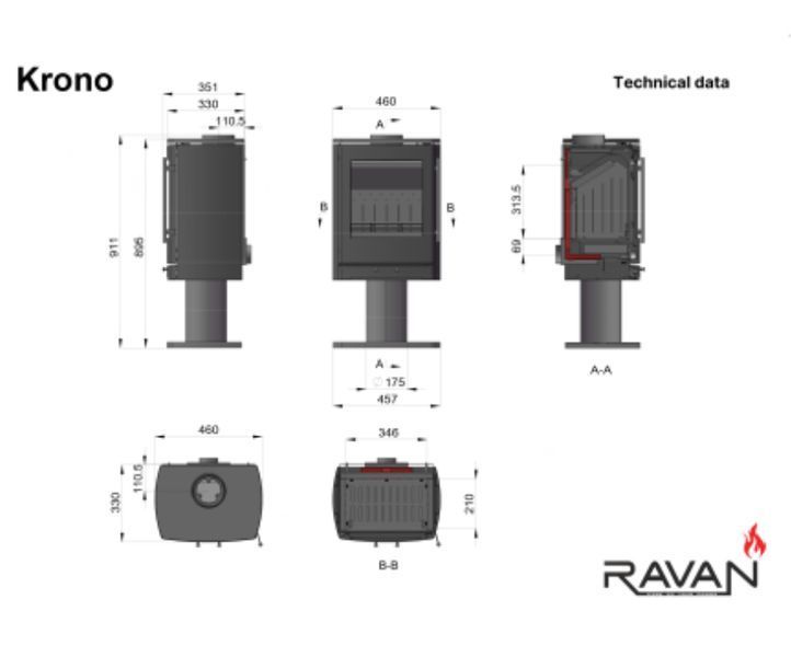 Żeliwny piec-kominek Ravan Krono, 8 kW