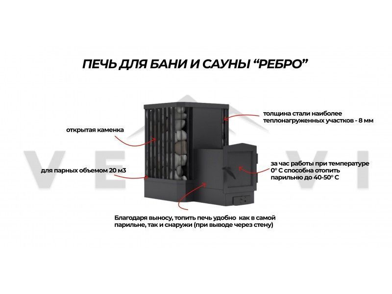 Печь-каменка для бани и сауны VESUVI Ребро 15 м&sup3; стекло 305*305 с выносом PBS-VREB15-30-V фото