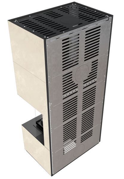 Камин Kratki FLOKI BOX правый 8 kW &Oslash; 160 в облицовке из керамогранита OXIDE BIANCO