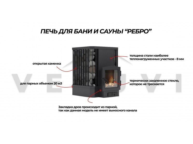 Печь-каменка для бани и сауны VESUVI Ребро 30 м&sup3; без выноса PBS-VREB30-00 фото